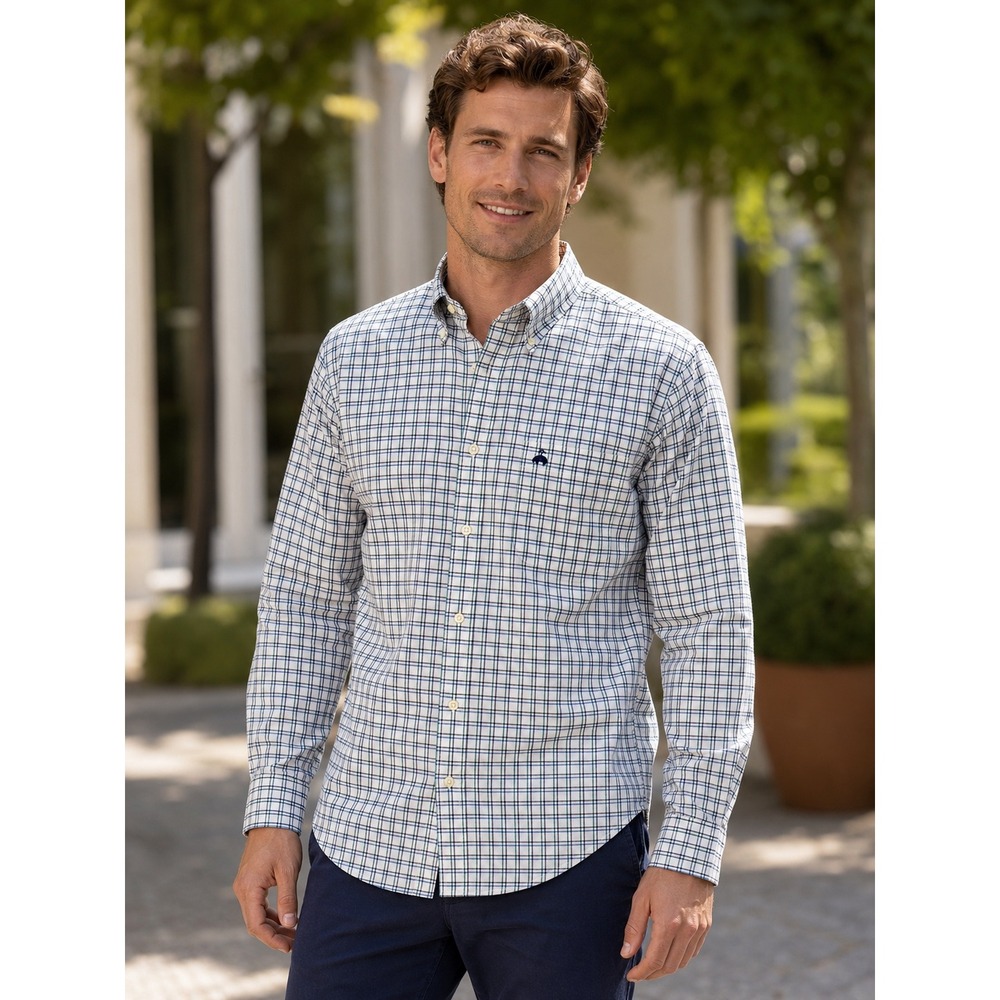 Brooks Brothers Mens Regular Fit Tattersall Check Performance Shirt Large Blue